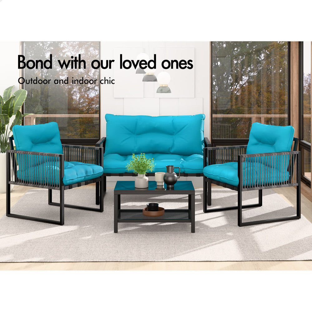 ALFORDSON 4PCS Outdoor Furniture Lounge Sofa Set Wicker Furniture Table and Chairs Garden Blue