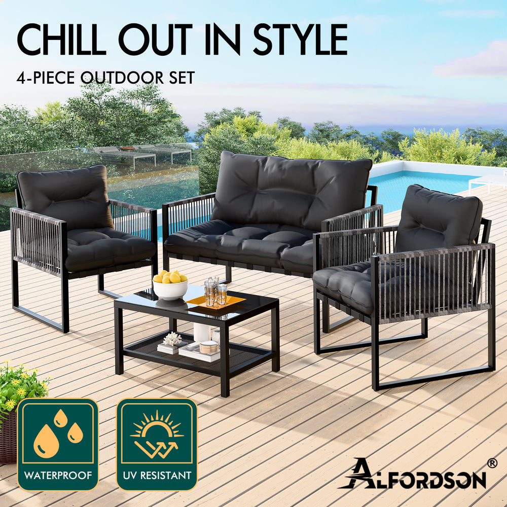 ALFORDSON 4PCS Outdoor Furniture Lounge Sofa Set Wicker Furniture Table and Chairs Garden Black Grey