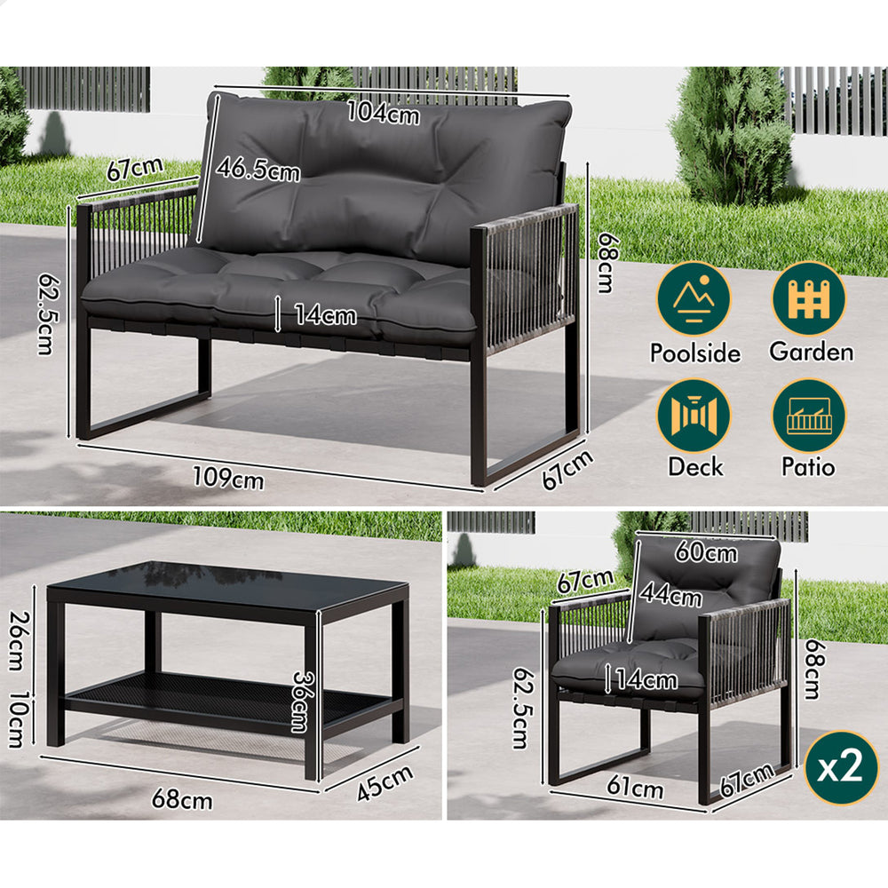 ALFORDSON 4PCS Outdoor Furniture Lounge Sofa Set Wicker Furniture Table and Chairs Garden Black Grey