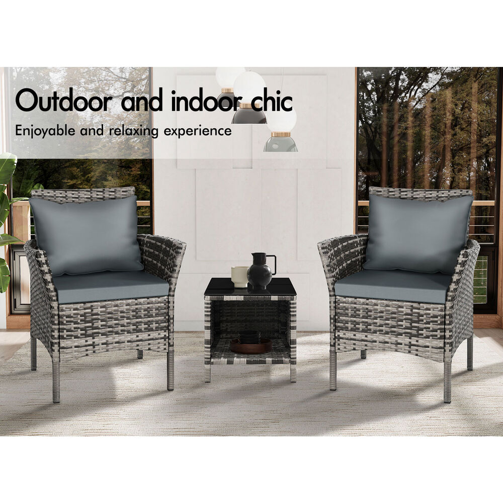 ALFORDSON Outdoor Furniture 3PCS Wicker Bistro Set Patio Chairs Table Mixed Grey