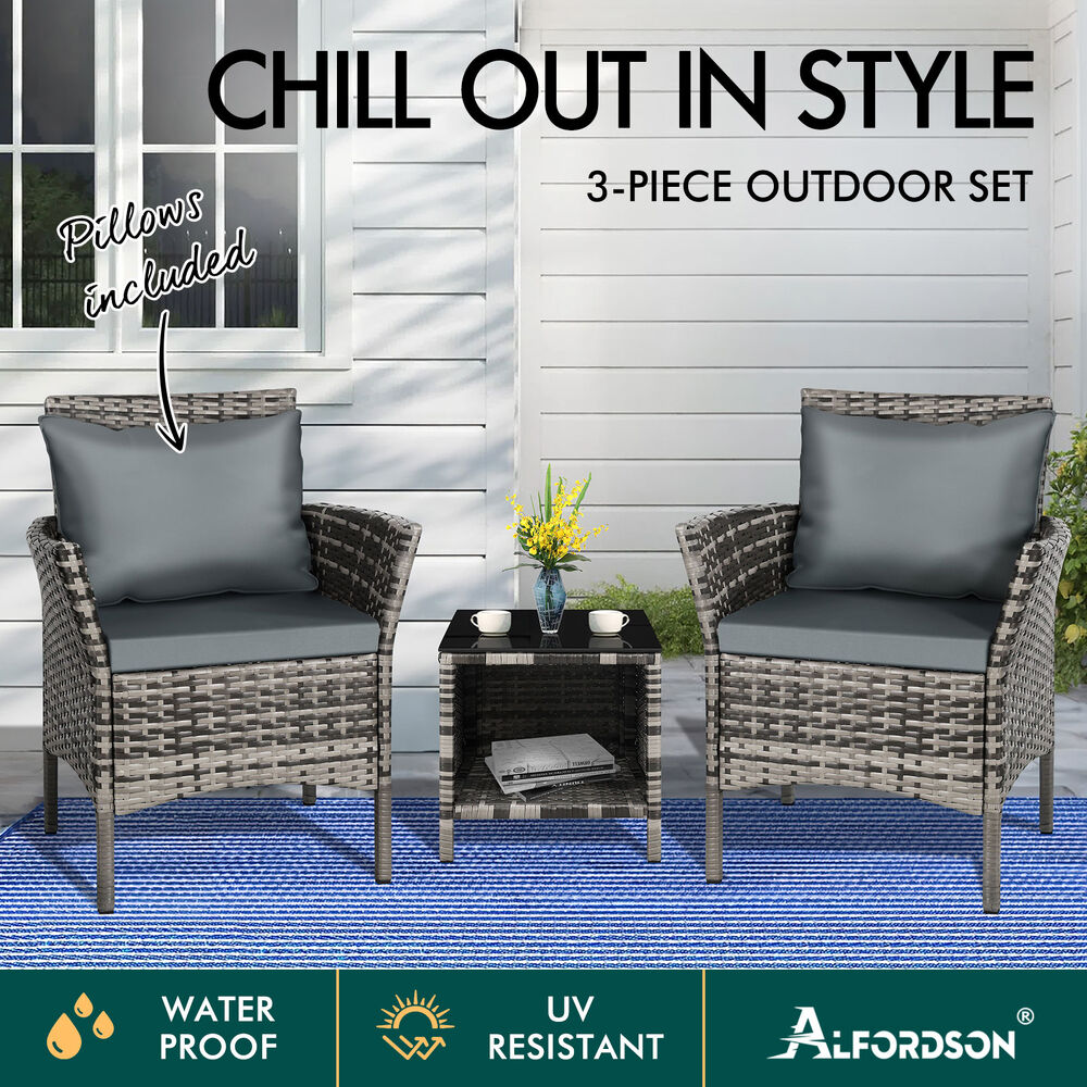 ALFORDSON Outdoor Furniture 3PCS Wicker Bistro Set Patio Chairs Table Mixed Grey
