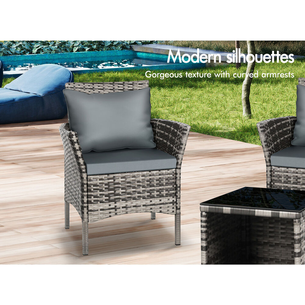 ALFORDSON Outdoor Furniture 3PCS Wicker Bistro Set Patio Chairs Table Mixed Grey