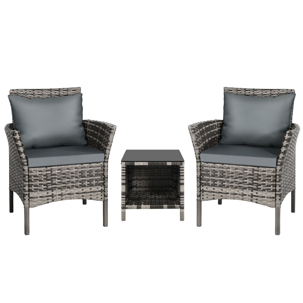 ALFORDSON Outdoor Furniture 3PCS Wicker Bistro Set Patio Chairs Table Mixed Grey