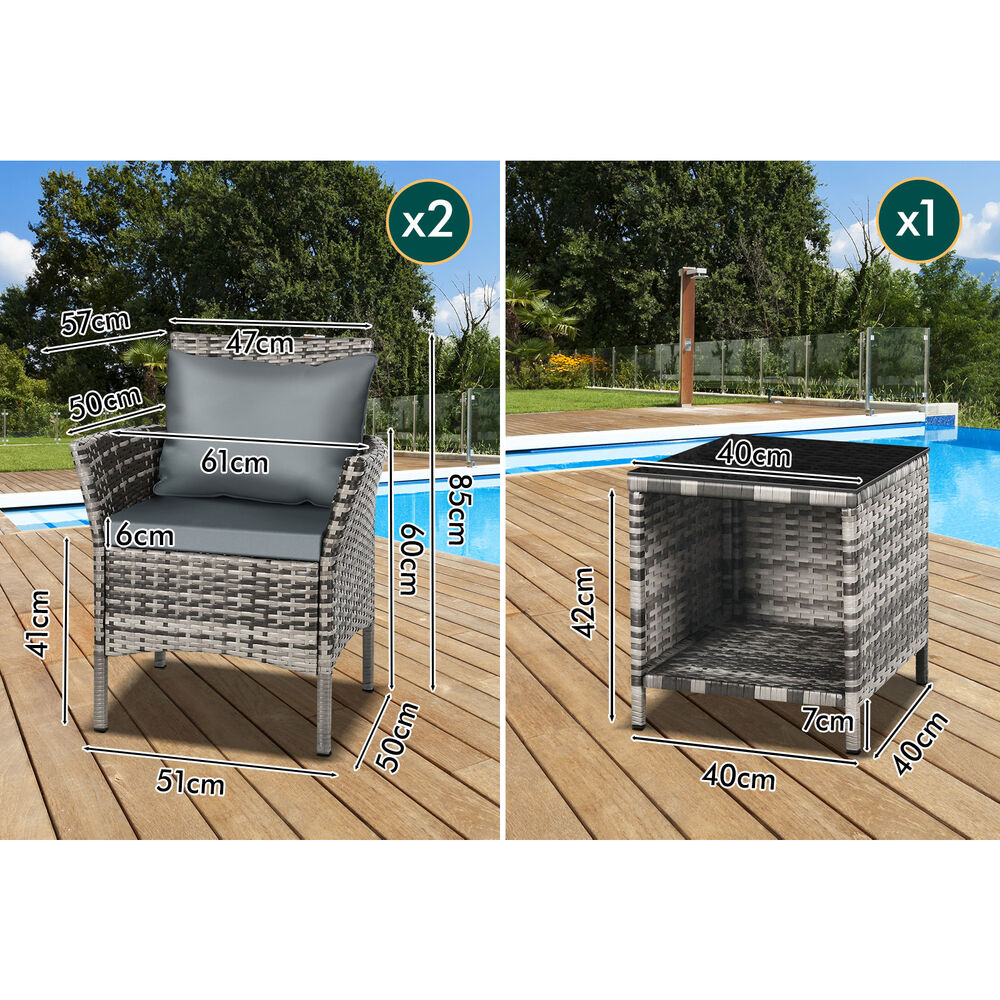 ALFORDSON Outdoor Furniture 3PCS Wicker Bistro Set Patio Chairs Table Mixed Grey