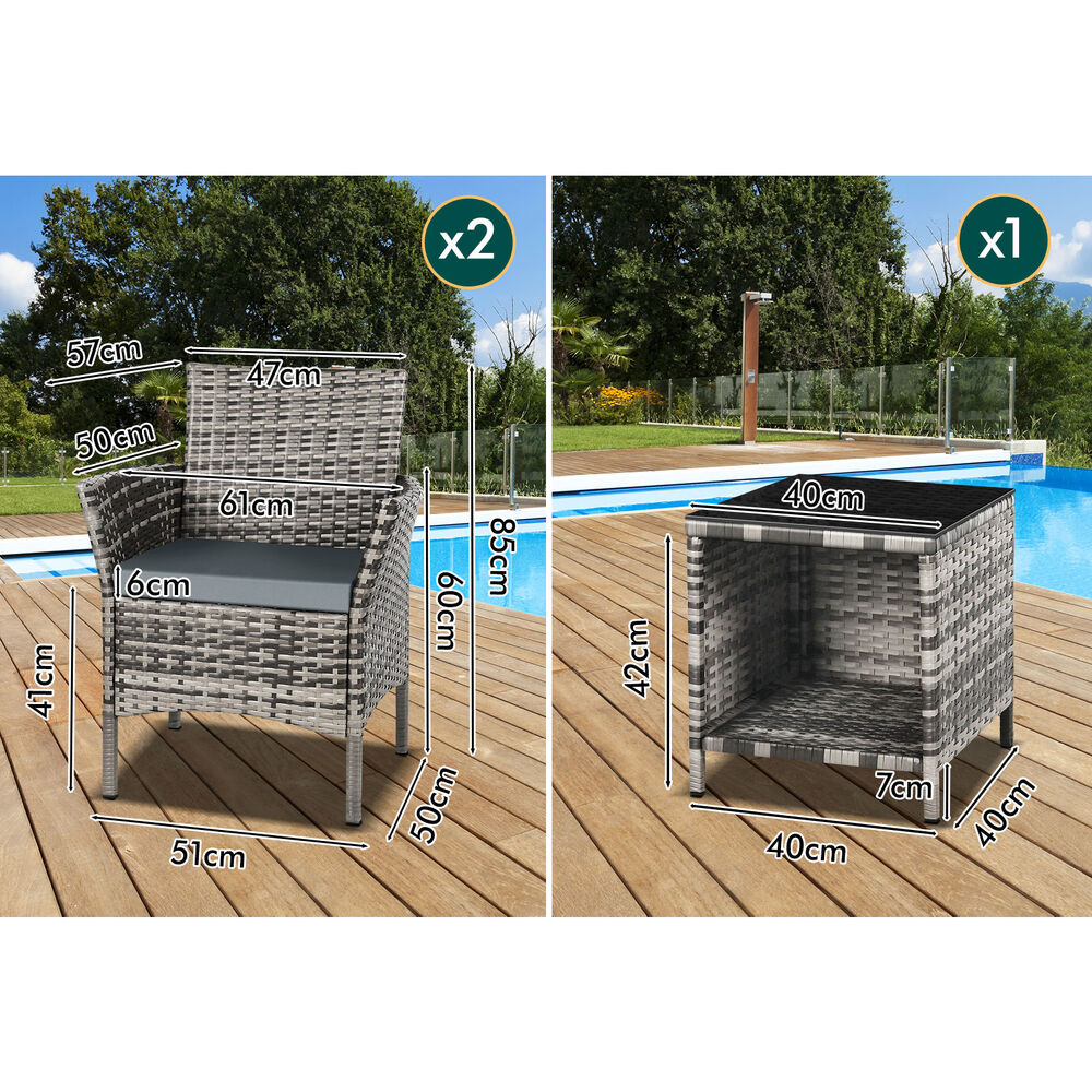 ALFORDSON Outdoor Furniture 3PCS Wicker Bistro Set Patio Chairs Table Mixed Grey