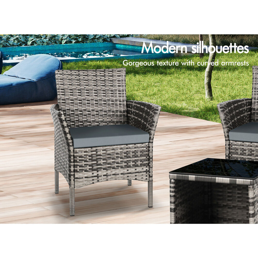 ALFORDSON Outdoor Furniture 3PCS Wicker Bistro Set Patio Chairs Table Mixed Grey