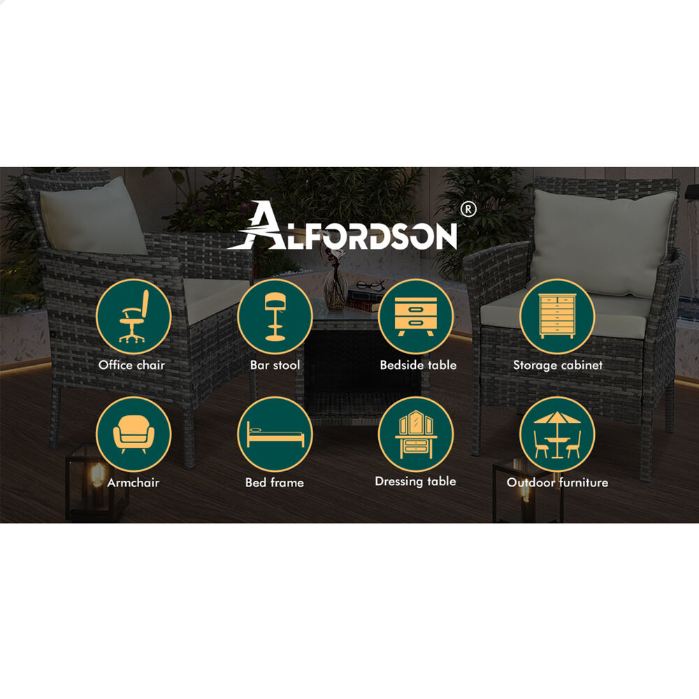 ALFORDSON Outdoor Furniture 3PCS Wicker Bistro Set Patio Chairs Table Mixed Grey