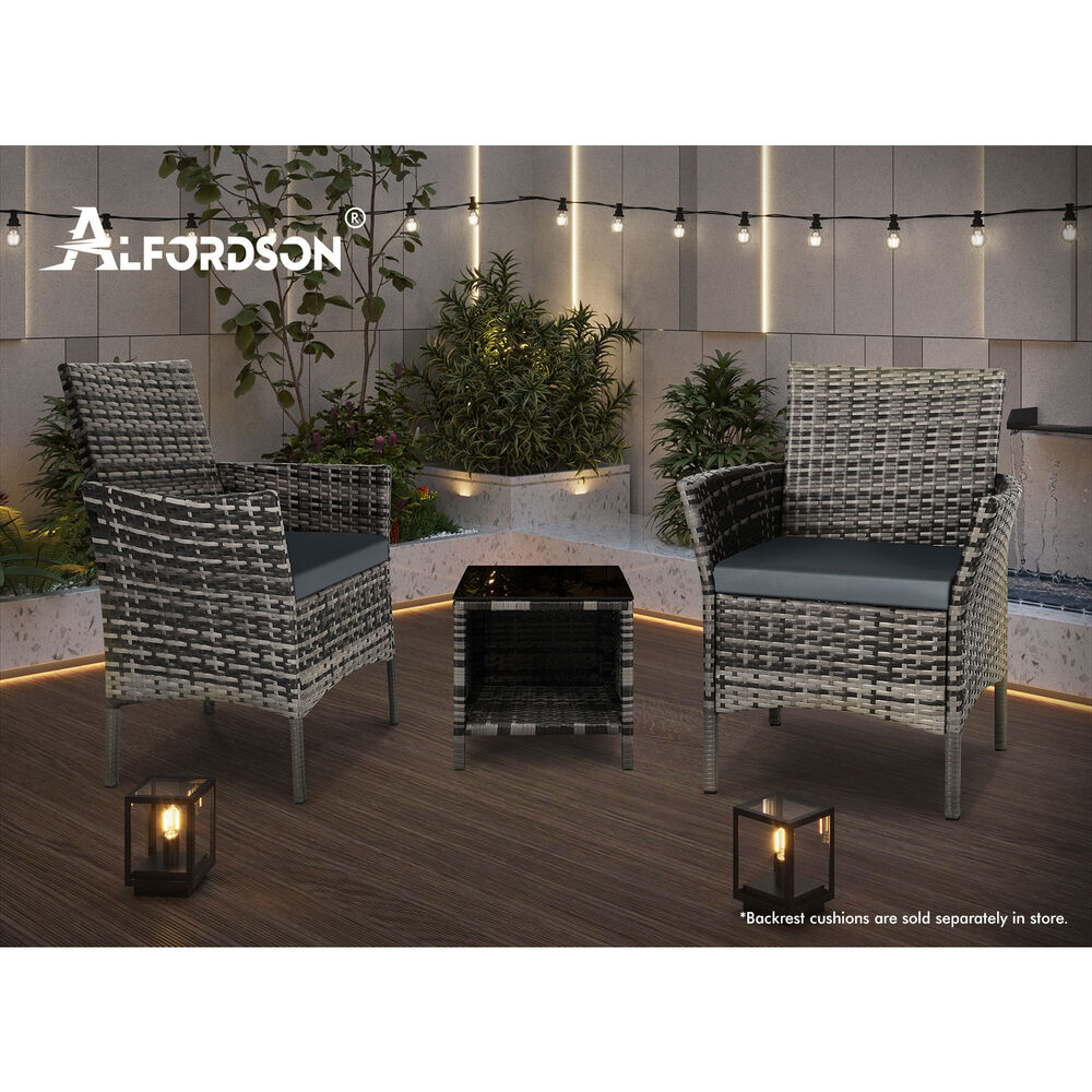 ALFORDSON Outdoor Furniture 3PCS Wicker Bistro Set Patio Chairs Table Mixed Grey