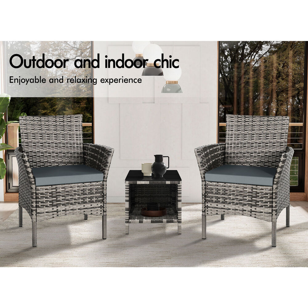 ALFORDSON Outdoor Furniture 3PCS Wicker Bistro Set Patio Chairs Table Mixed Grey