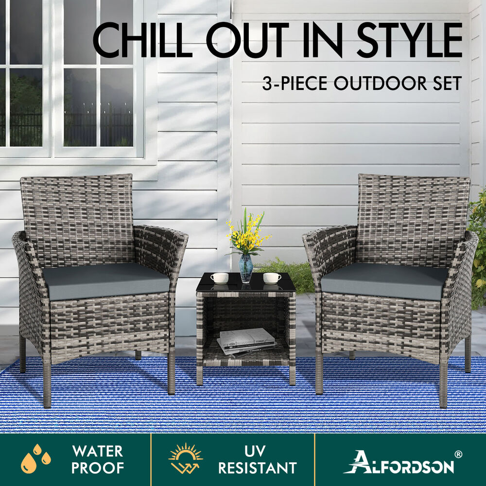 ALFORDSON Outdoor Furniture 3PCS Wicker Bistro Set Patio Chairs Table Mixed Grey