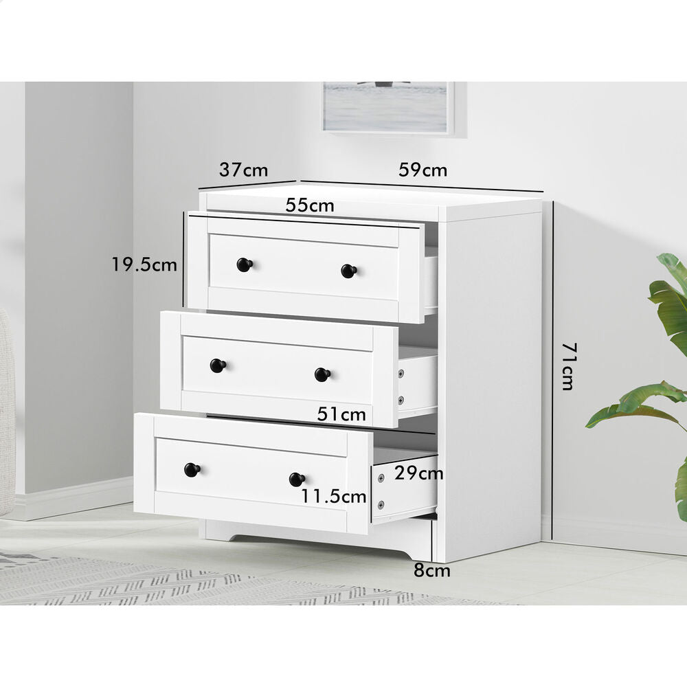 ALFORDSON Chest of Drawers 3 Drawer Storage Cabinet Bedside Table Hamptons White