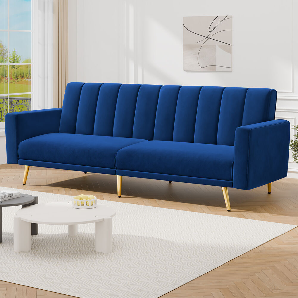 ALFORDSON Sofa Bed Futon Lounge 3 Seater Velvet Blue