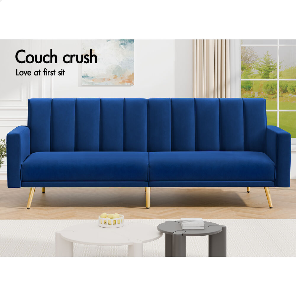 ALFORDSON Sofa Bed Futon Lounge 3 Seater Velvet Blue