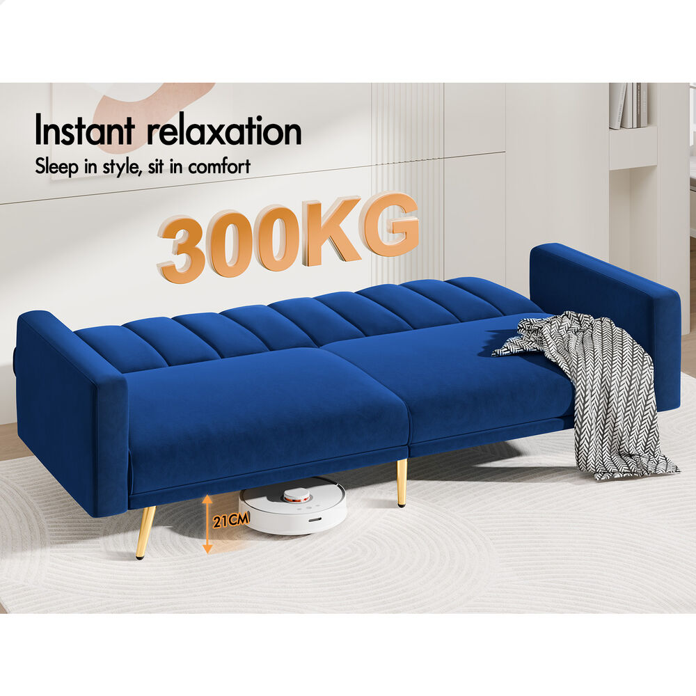 ALFORDSON Sofa Bed Futon Lounge 3 Seater Velvet Blue
