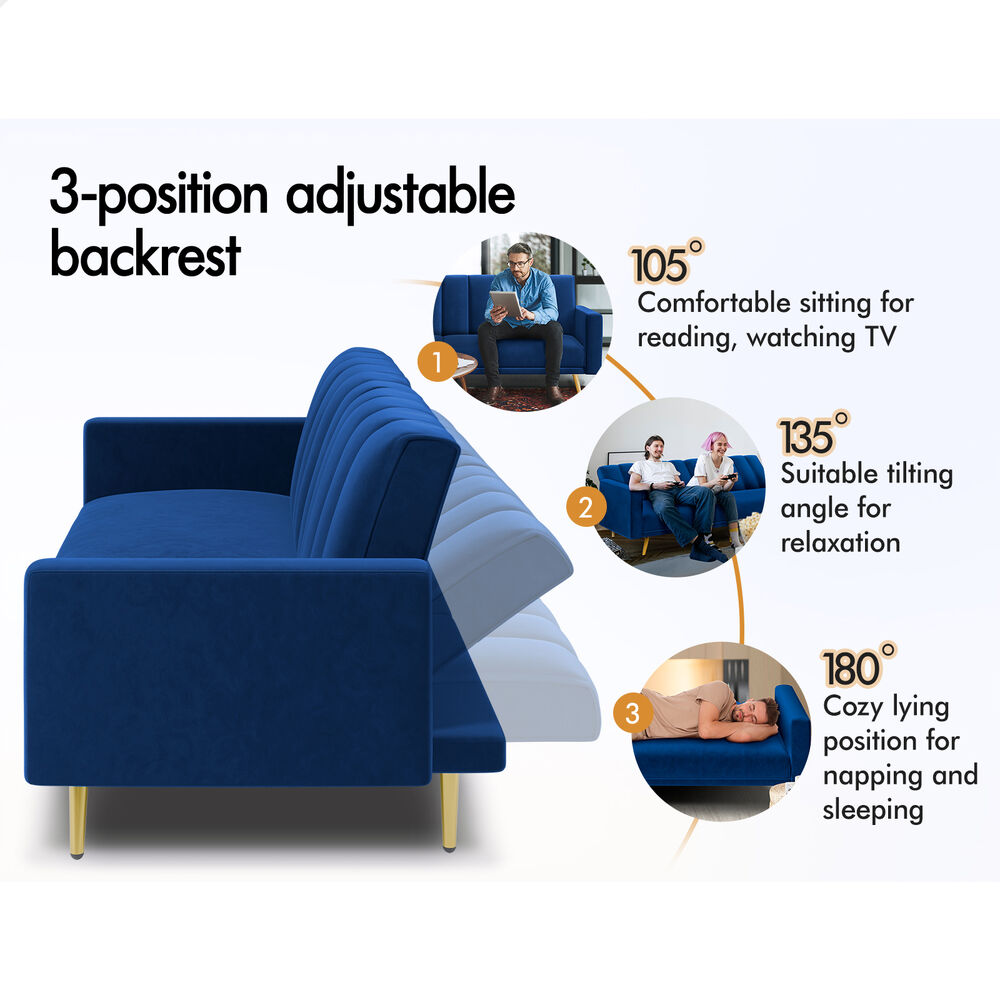 ALFORDSON Sofa Bed Futon Lounge 3 Seater Velvet Blue