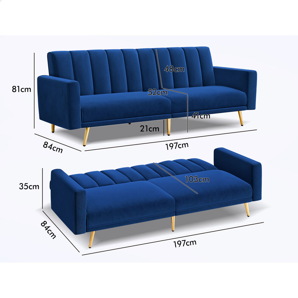 ALFORDSON Sofa Bed Futon Lounge 3 Seater Velvet Blue