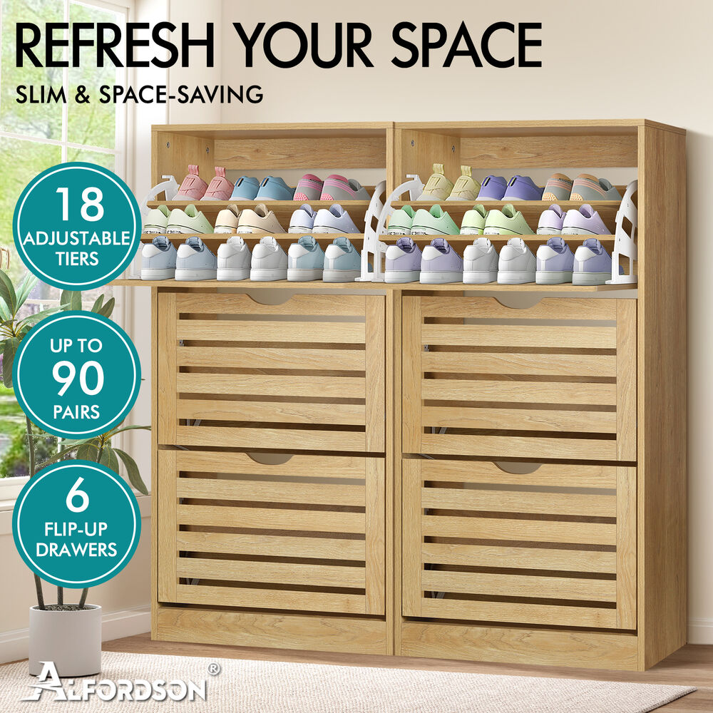 ALFORDSON 2x Shoe Cabinet Organiser Storage Rack Flip Drawers 90 Pairs Wood