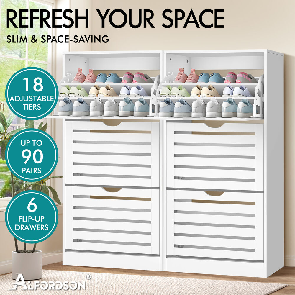 ALFORDSON 2x Shoe Cabinet Organiser Storage Rack Flip Drawers 90 Pairs White