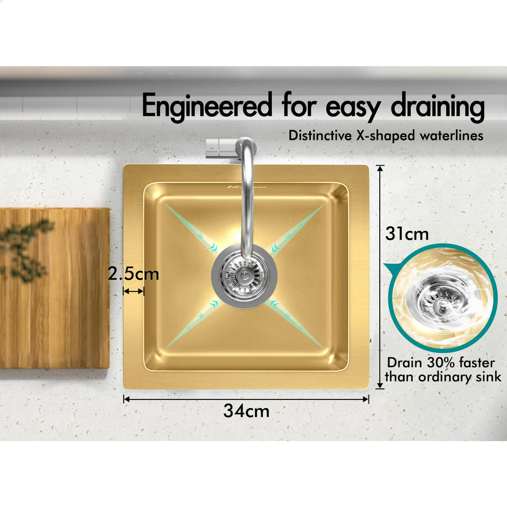 ALFORDSON Kitchen Sink 34x31cm Stainless Steel Basin Single Bowl Gold
