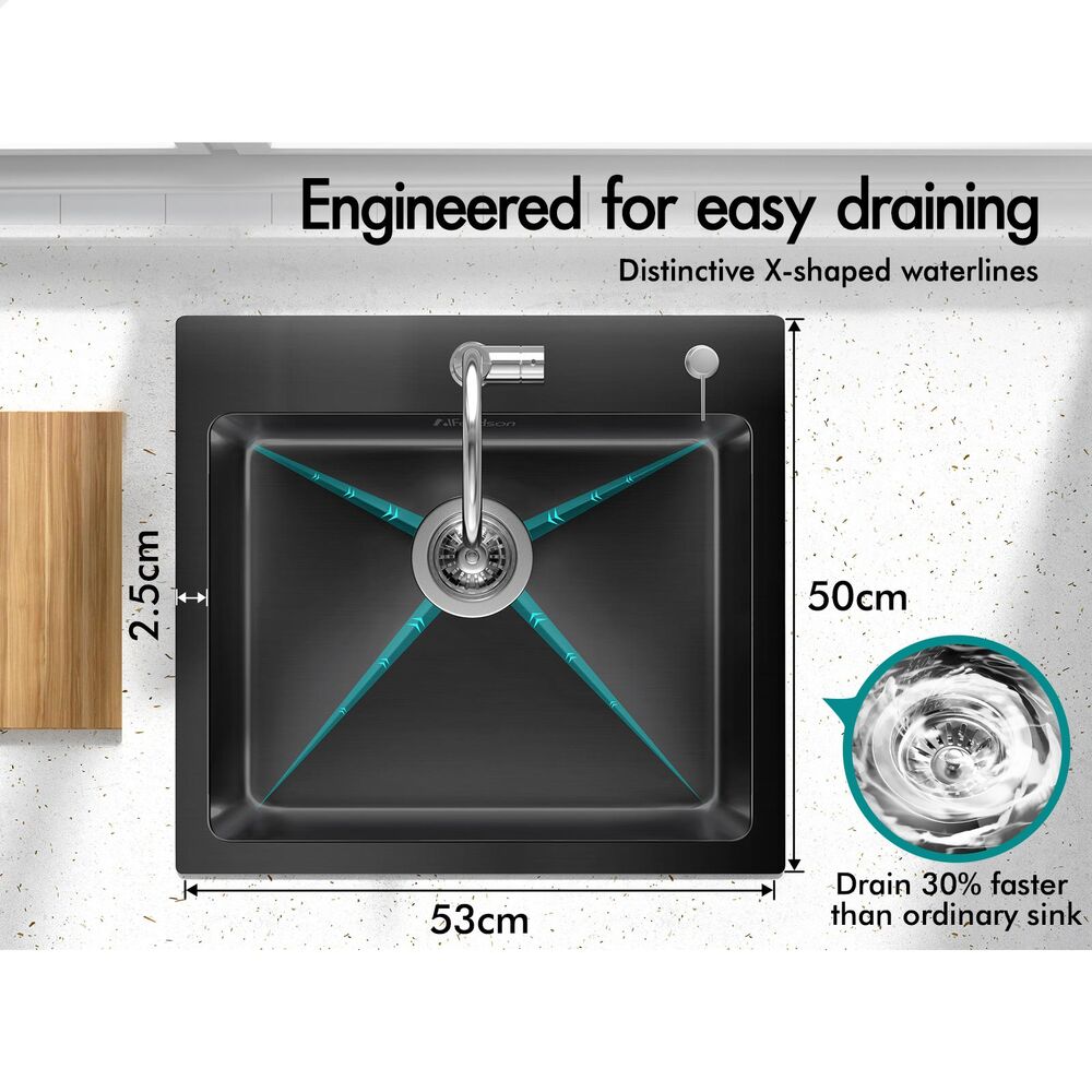 ALFORDSON Kitchen Sink Stainless Steel Drop in Flush Single Bowl 530X500MM Black