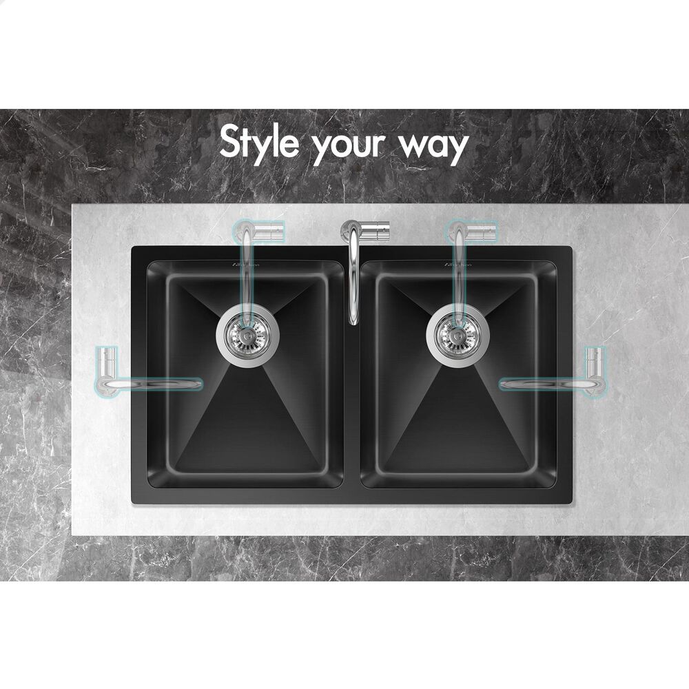 ALFORDSON Kitchen Sink 77x45cm Stainless Steel Basin Double Bowl Black