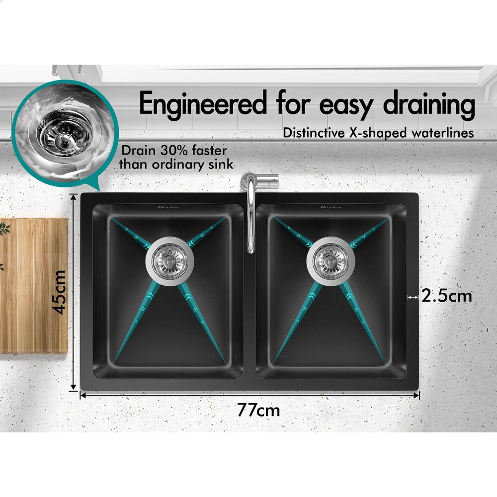ALFORDSON Kitchen Sink 77x45cm Stainless Steel Basin Double Bowl Black