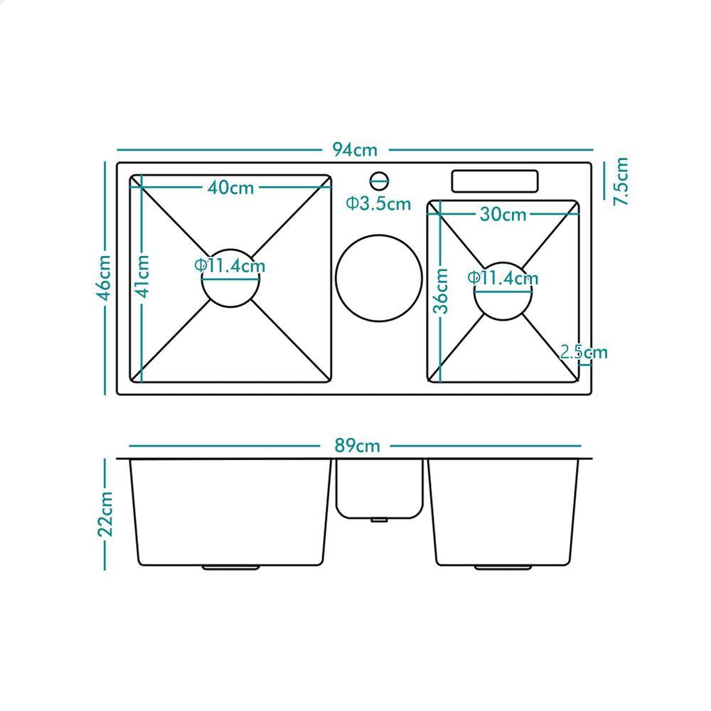 ALFORDSON Kitchen Sink 94x46cm Stainless Steel Basin Double Bowl Black