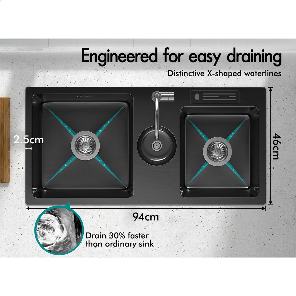 ALFORDSON Kitchen Sink 94x46cm Stainless Steel Basin Double Bowl Black