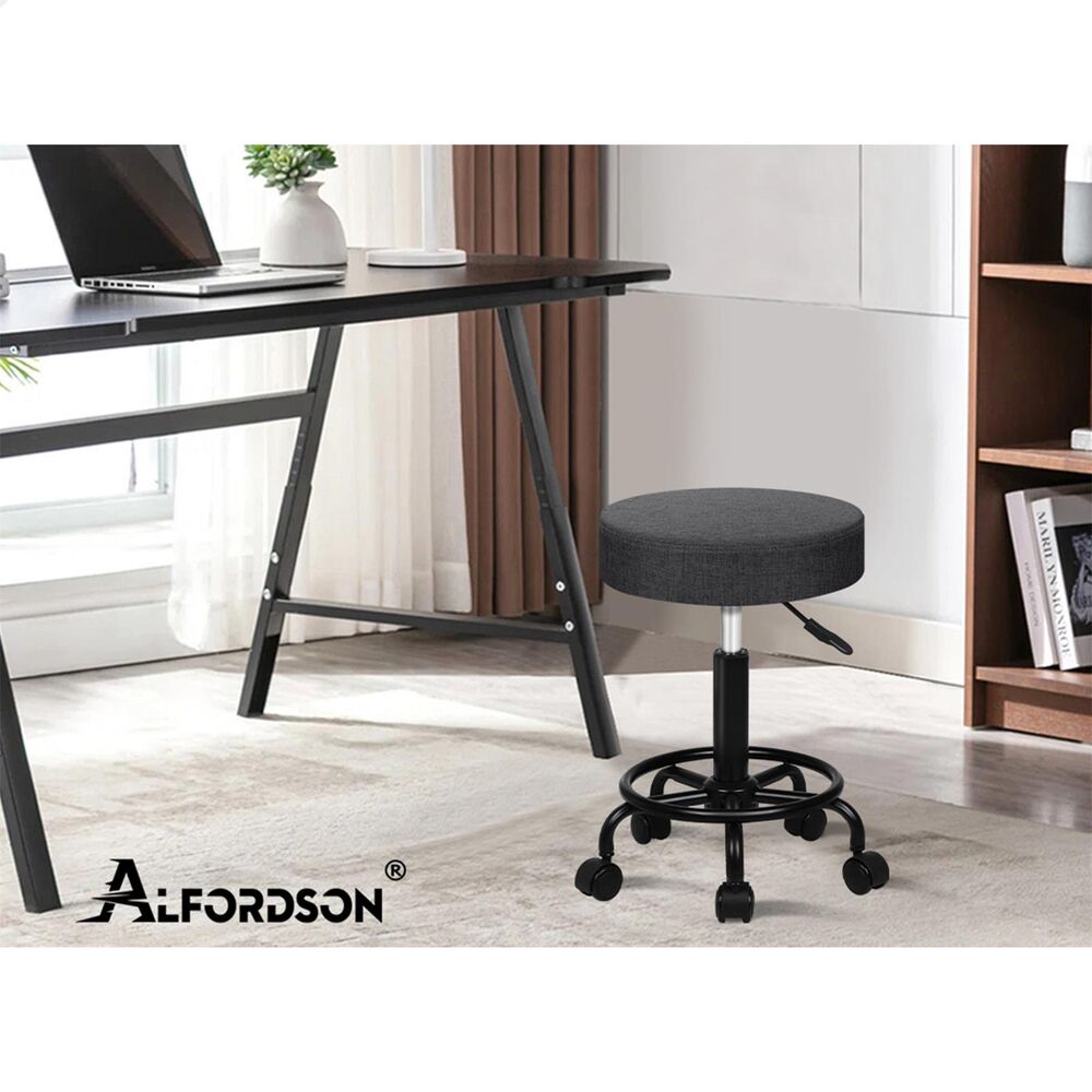 ALFORDSON 2x Salon Stool Round Swivel Barber Hair Dress Chair Dark Grey Fabric