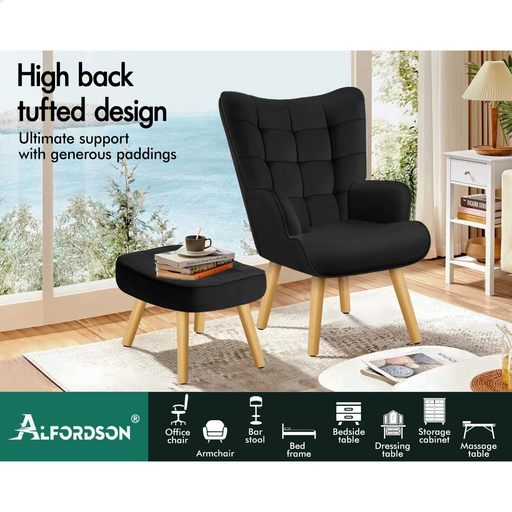 ALFORDSON Armchair Velvet Wooden Accent Chair Lounge Sofa Ottoman Couch Seat