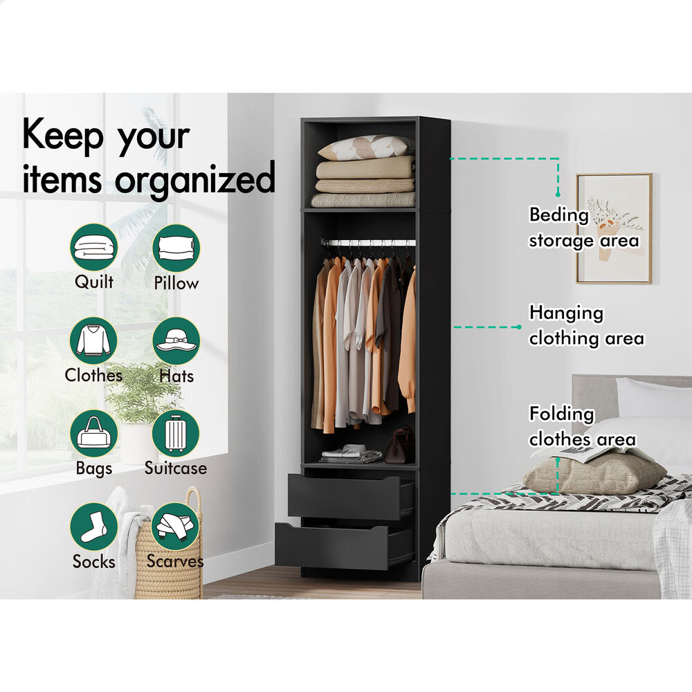 2 Drawers ALFORDSON Wardrobe Clothes Storage Cabinet Hanging Rod Black