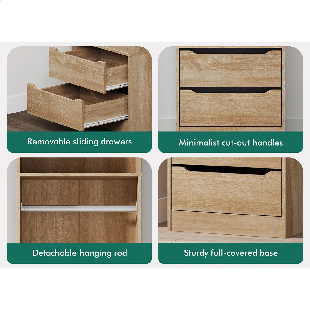 2 Drawers ALFORDSON Wardrobe Clothes Storage Cabinet Hanging Rod Wood