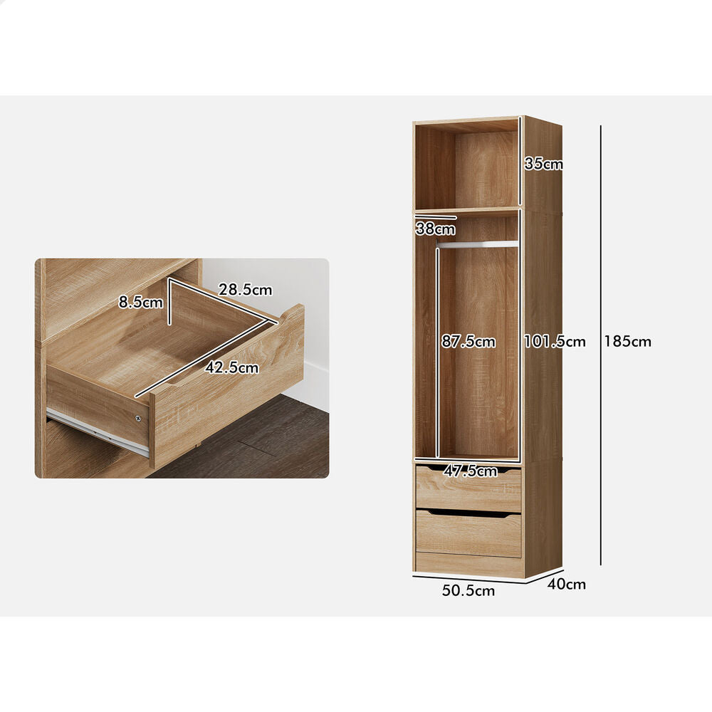 2 Drawers ALFORDSON Wardrobe Clothes Storage Cabinet Hanging Rod Wood