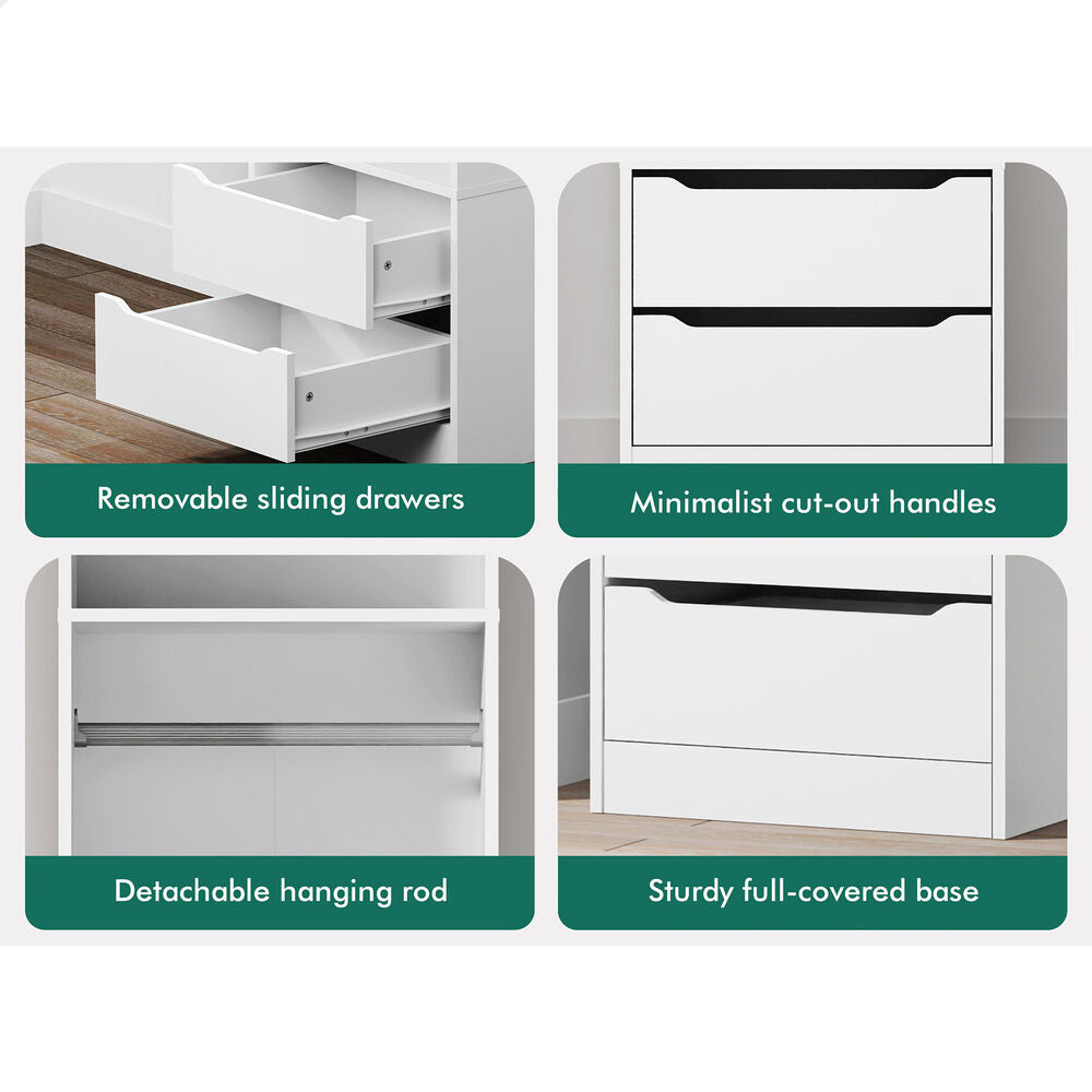 2 Drawers ALFORDSON Wardrobe Clothes Storage Cabinet Hanging Rod White