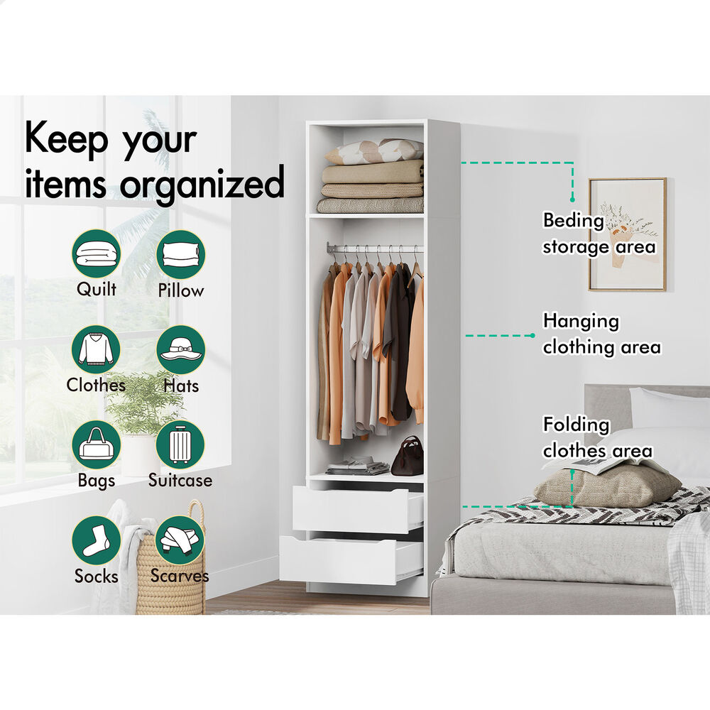 2 Drawers ALFORDSON Wardrobe Clothes Storage Cabinet Hanging Rod White