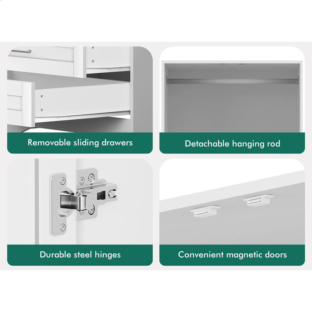 2 Drawers ALFORDSON Wardrobe Clothes Cabinet Hanging Rod White