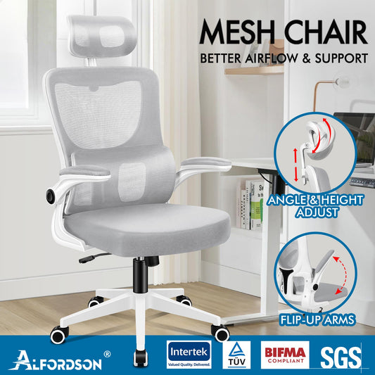 ALFORDSON Mesh Office Chair Executive Computer Tilt Fabric Seat Racing Work Grey & White
