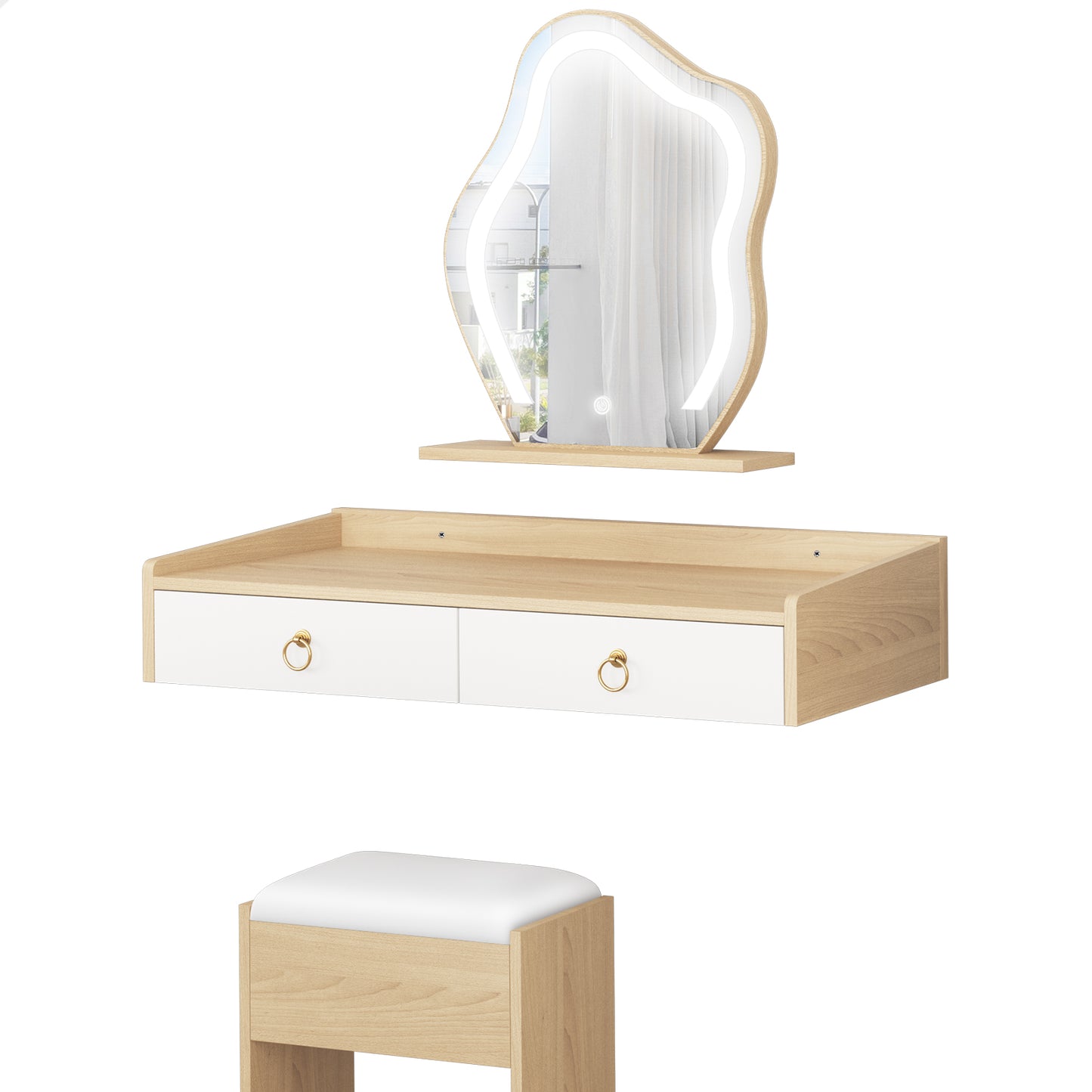 ALFORDSON Dressing Table Stool Set Floating Makeup Mirror LED Vanity Desk Oak