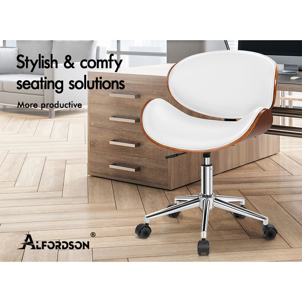 ALFORDSON Wooden Office Chair Computer Chairs Home Seat PU Leather White