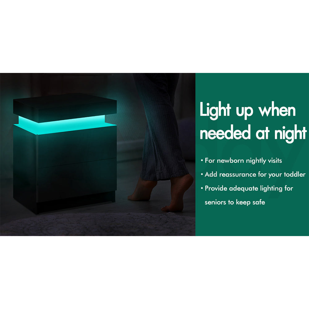 ALFORDSON Bedside Table RGB LED Nightstand 2 Drawers 4 Side High Gloss Black