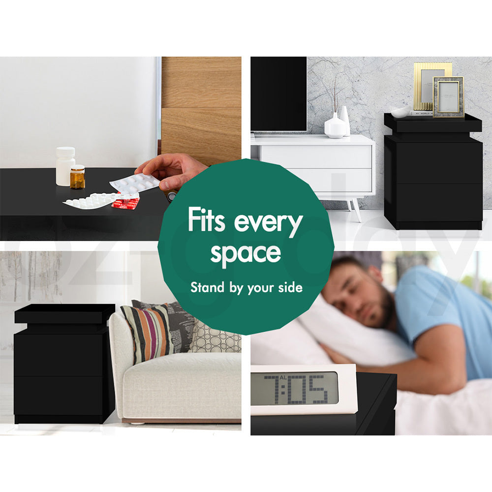 ALFORDSON Bedside Table RGB LED Nightstand 2 Drawers 4 Side High Gloss Black