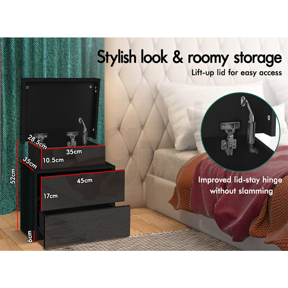 ALFORDSON Bedside Table RGB LED Nightstand 2 Drawers 4 Side High Gloss Black