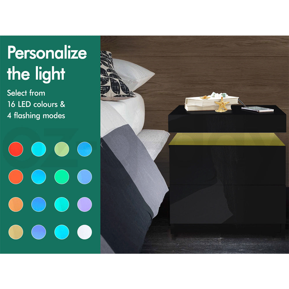 ALFORDSON Bedside Table RGB LED Nightstand 2 Drawers 4 Side High Gloss Black