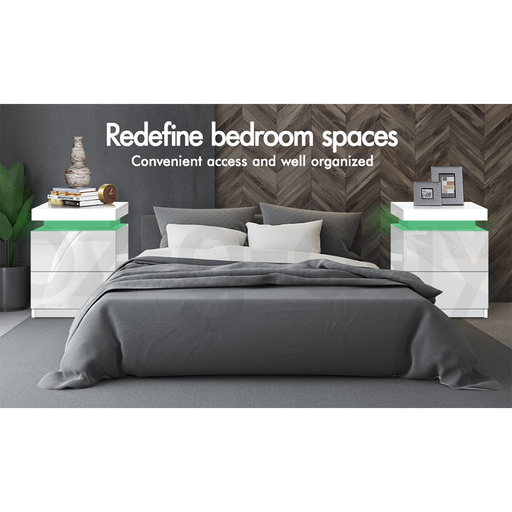 ALFORDSON Bedside Table RGB LED Nightstand 2 Drawers 4 Side High Gloss White