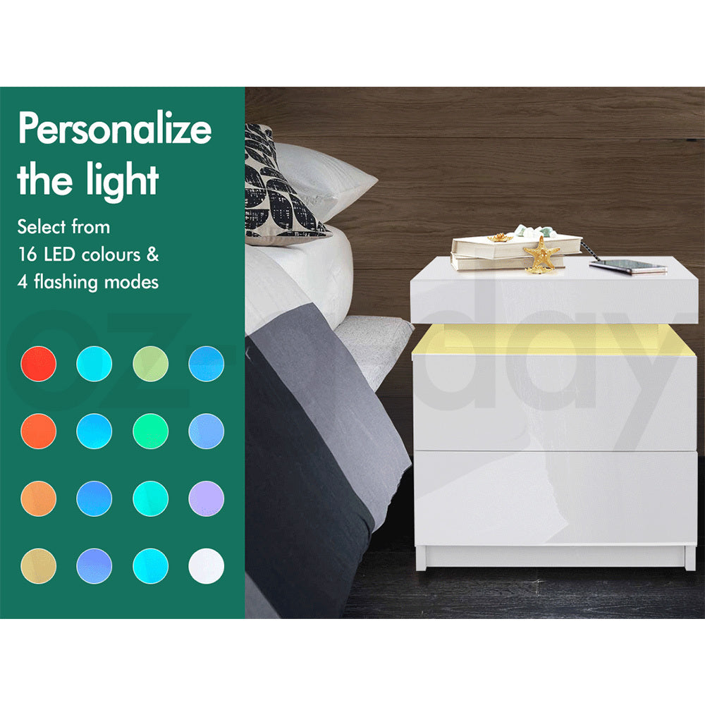 ALFORDSON Bedside Table RGB LED Nightstand 2 Drawers 4 Side High Gloss White