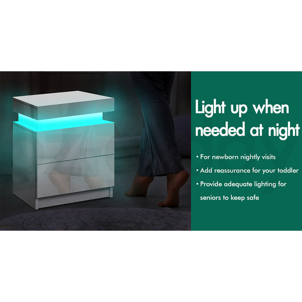 ALFORDSON Bedside Table RGB LED Nightstand 2 Drawers 4 Side High Gloss White
