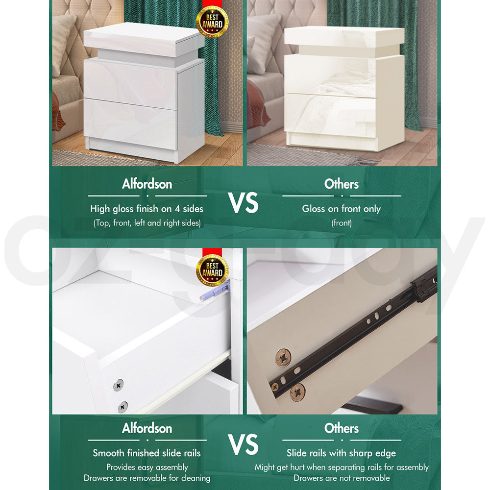 ALFORDSON Bedside Table RGB LED Nightstand 2 Drawers 4 Side High Gloss White