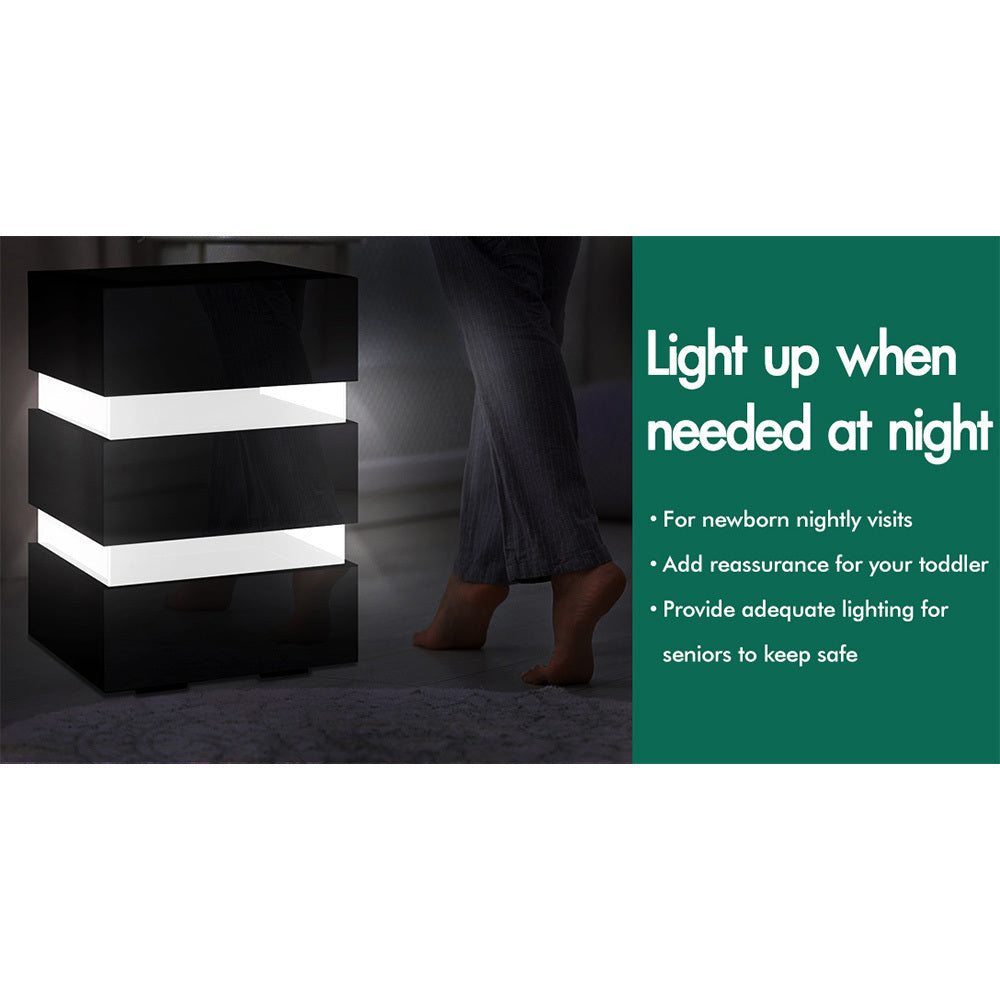 ALFORDSON Bedside Table RGB LED Nightstand 3 Drawers 4 Side High Gloss Black
