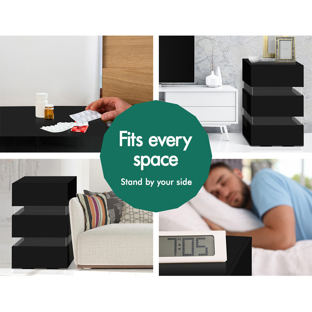 ALFORDSON Bedside Table RGB LED Nightstand 3 Drawers 4 Side High Gloss Black