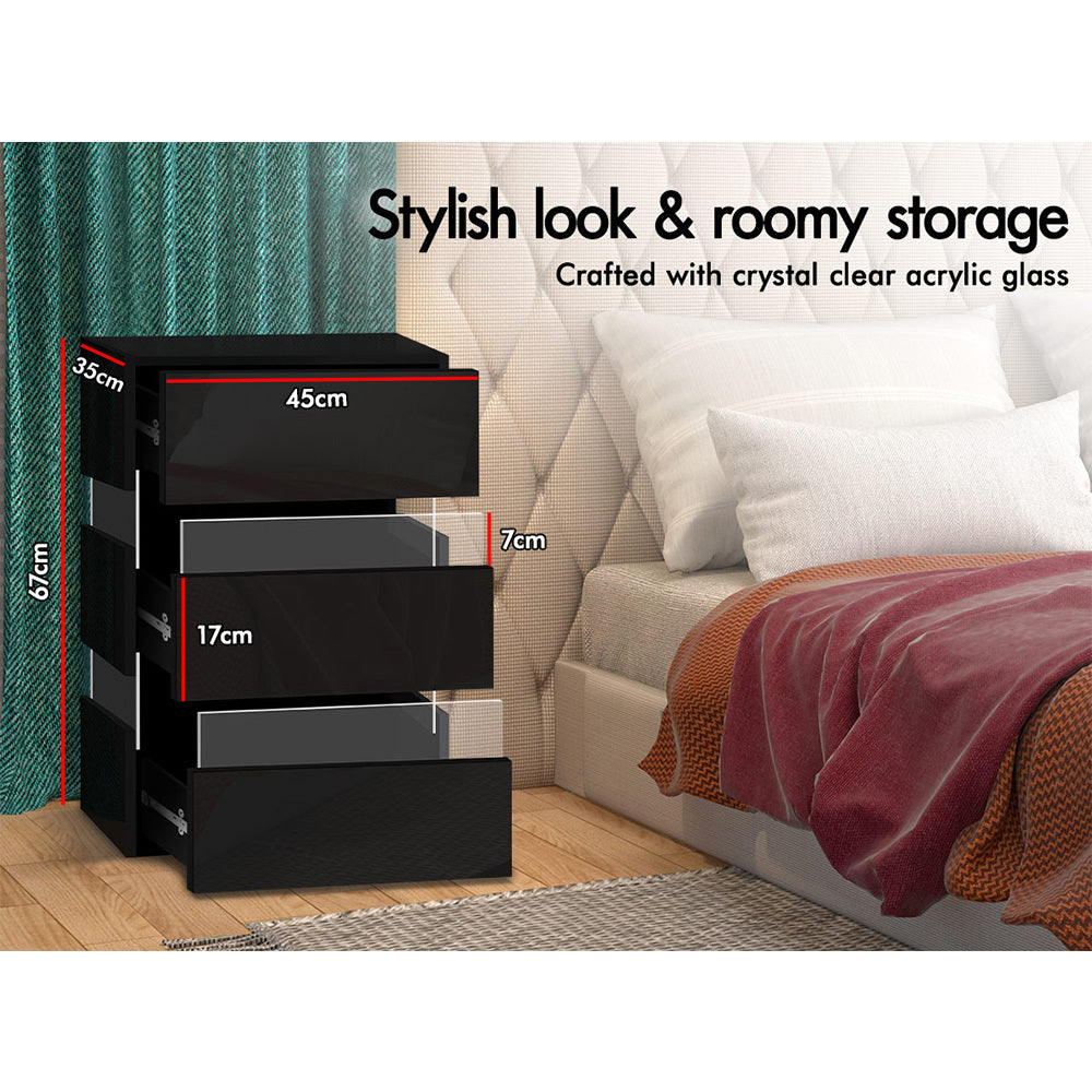 ALFORDSON Bedside Table RGB LED Nightstand 3 Drawers 4 Side High Gloss Black